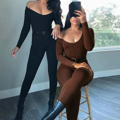 Women's Round Neck Long Sleeve Jumpsuit One-piece Tight Dress Sports Fitness Sweatpants Slimming Hip Lifting