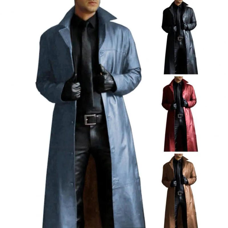 Description Picture 6 of itemFaux Leather Jacket Stylish Men's Faux Leather Trench Coat with Turn-down Collar Windproof Design Slim Fit Streetwear for Men