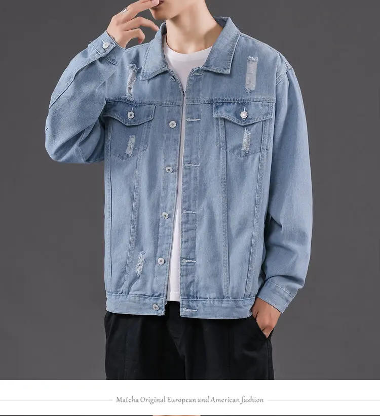 Description Picture 4 of itemNew solid color men's denim jacket men's fashion ripped denim jacket men