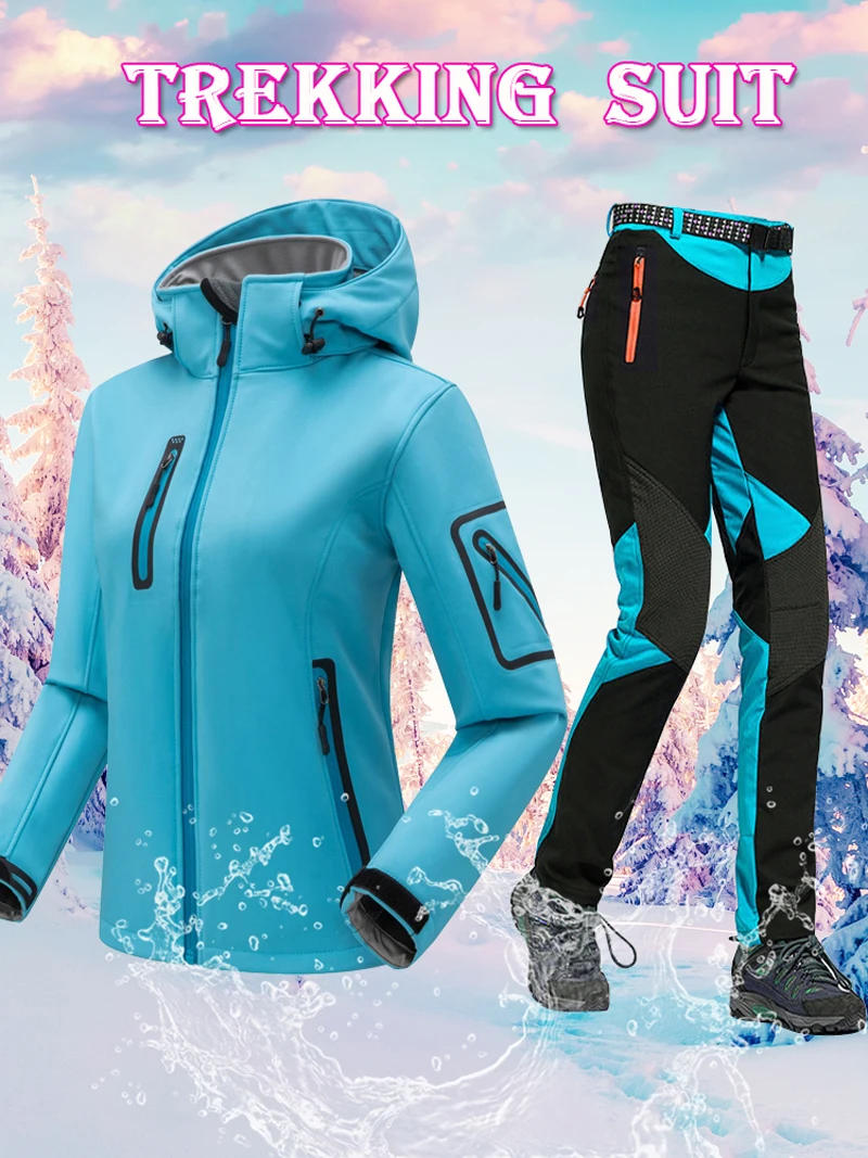 Description Picture 3 of itemWomen Fleece Softshell Jacket +Pants Winter Waterproof Warm Hiking Jacket Set Outdoor Camping Fishing Hunting Trekking Ski Suit