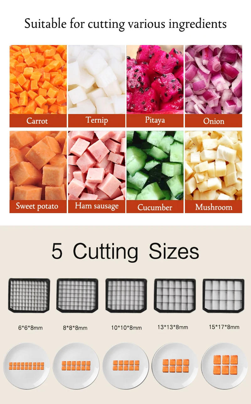 Description Picture 6 of itemITOP EVEC Electric Vegetable Cube Cutting Machine Fruit Slicer Cutting Strip Dice Food Processor With 5 Blades