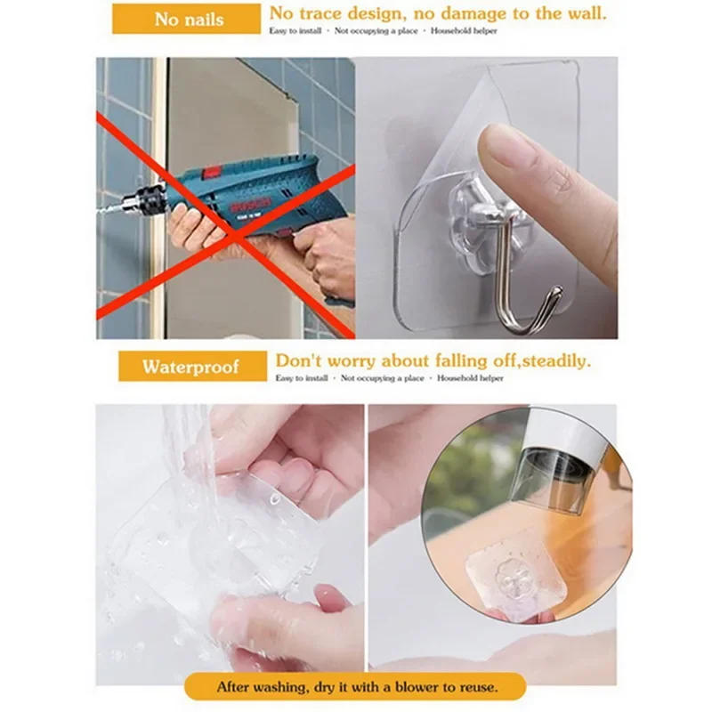Description Picture 4 of item1-20PCS Transparent Stainless Steel Strong Self Adhesive Hooks Key Storage Hanger for Kitchen Bathroom Door Wall Multi-Function