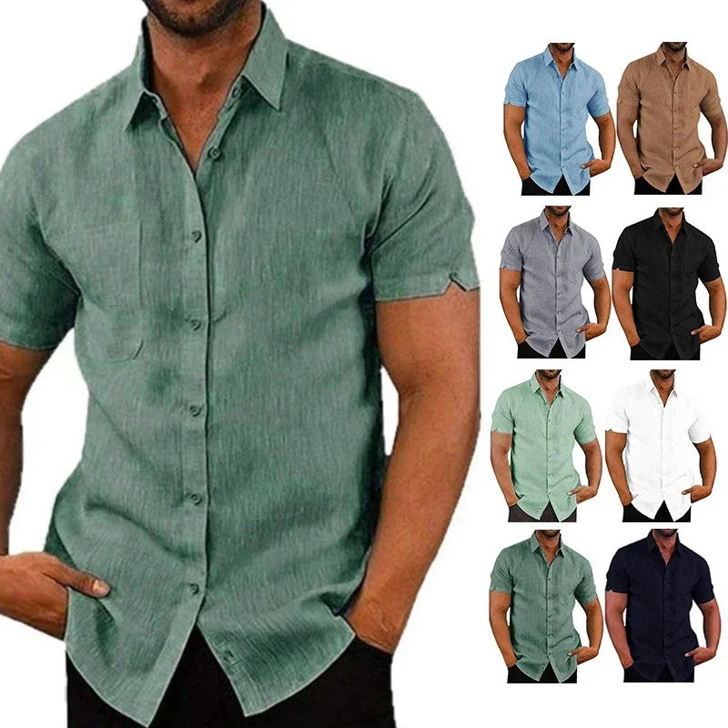 Description Picture 3 of itemSummer Cotton Linen Shirts For Men Casual Short Sleeved Shirts Blouses Solid Turn-Down Collar Formal Beach Shirts Male Clothing
