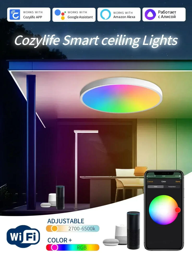Description Picture 2 of itemSmart WiFi Ceiling Light RGBCW Kitchen Bedroom Ambient Lights LED Ceiling Lamp Cozylife APP Voice Control With Alexa Google Home