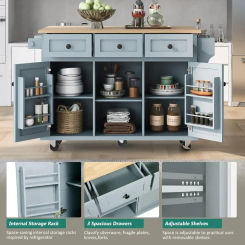 Kitchen Cabinets, Wood Kitchen Island on Wheel with Internal Storage Racks Gray Blue,53.1" D  Kitchen Cabinets
