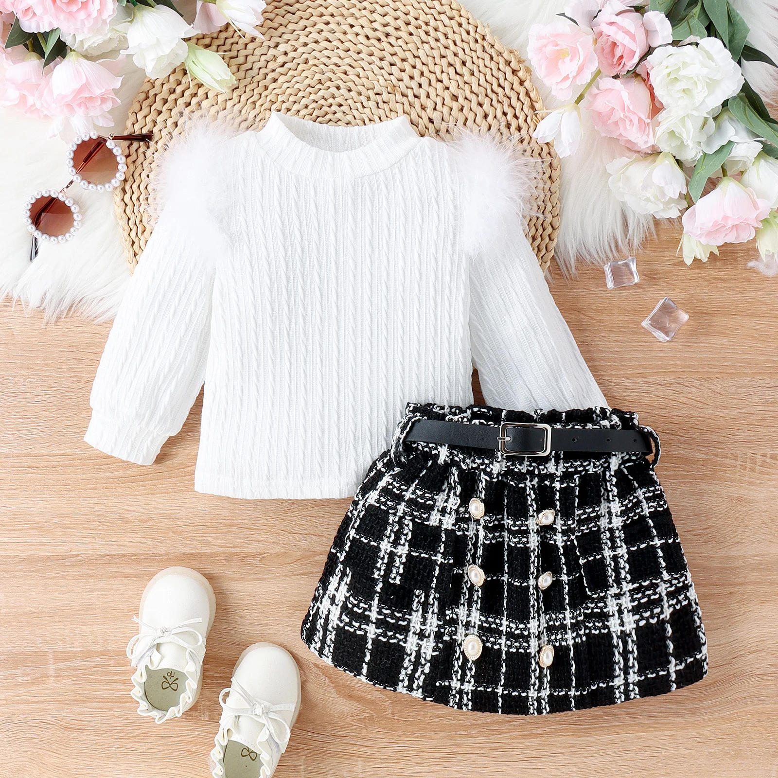 Description Picture 5 of itemGirls Children Clothing Suit Autumn Winter Long-sleeved Patchwork Soft Fur Rib Knit Sweater Top with Wool Short Skirt and Belt