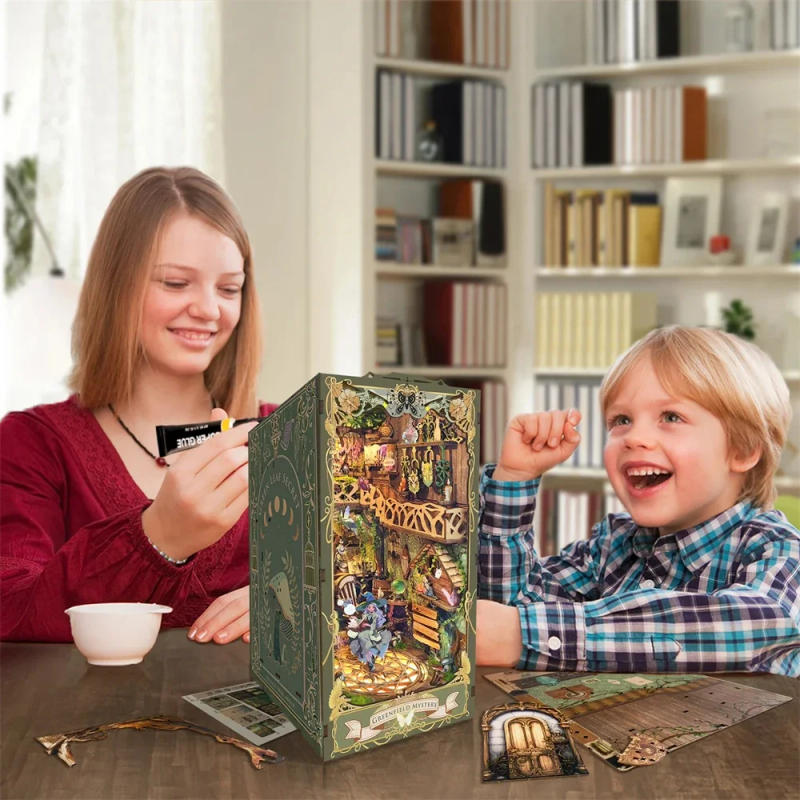 Description Picture 3 of itemNEW Creative DIY Wooden Book Nook Shelf Insert Miniature Kits, Green Fairyland Bookshelf Home Bookend Decor Adult Handmade Gifts