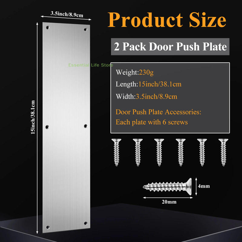 Description Picture 2 of item2 pcs Push Door Plate 15x3.5" Stainless Steel Door Push Plate Door Kick Plate,Brushed Doorplate Door Proection Metal Plate
