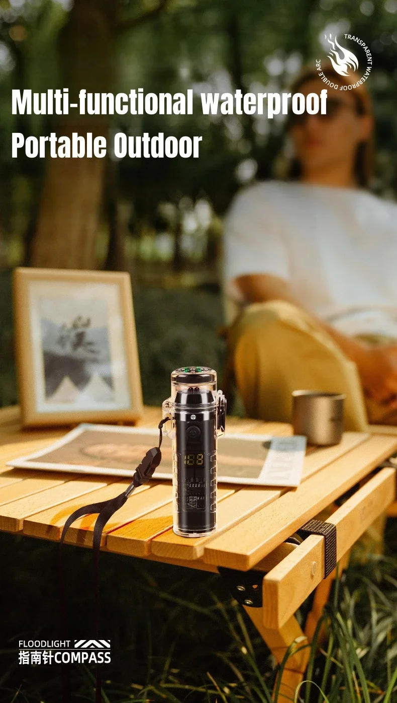 Description Picture 4 of itemOutdoor Windproof Double Arc Pulse Flameless Lighter Flashlight Compass Multifunctional Lighter LED Display Sealed Waterproof