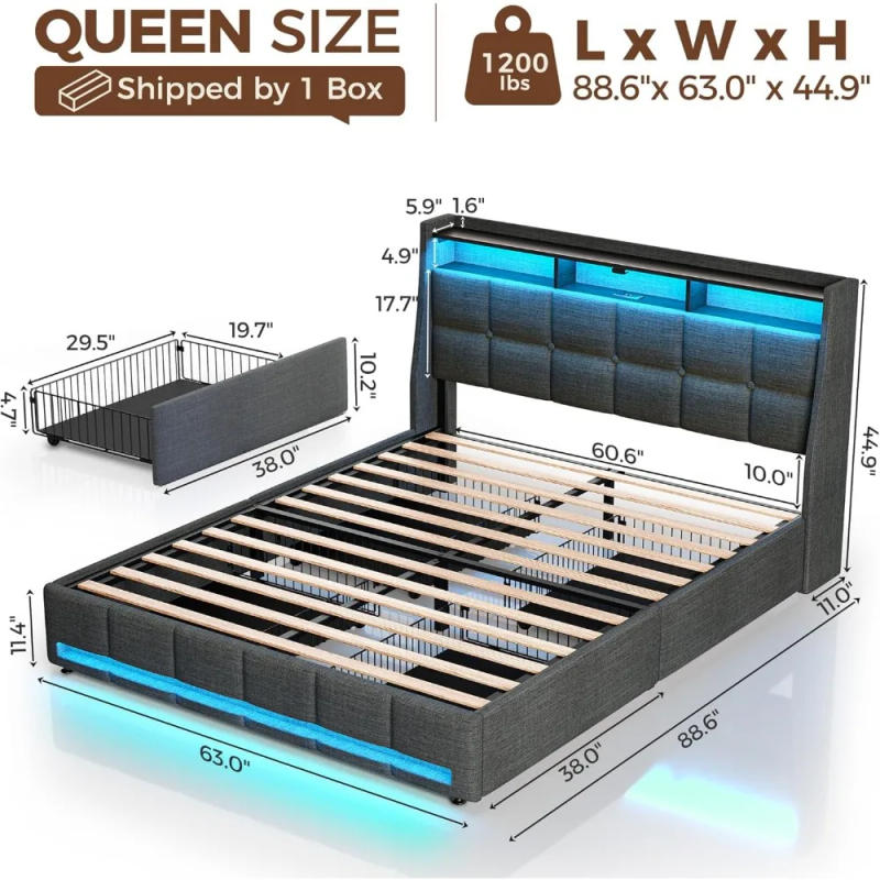 Description Picture 3 of itemQueen Size Bed Frame with LED Lights and Charging Station, Upholstered Bed Storage Headboard & Drawers, Heavy Duty Wood Slats