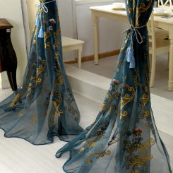 High-end embroidered European blue flower gauze curtain