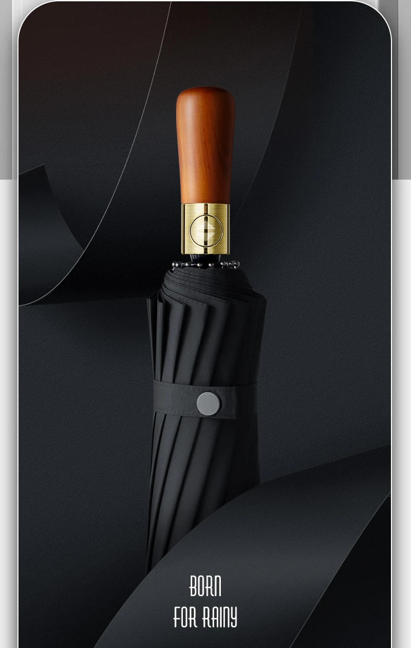 Description Picture 5 of item72 Bones Fully Automatic Umbrella for Men's Large Foldable Black High-end Business Wooden Handle Umbrella