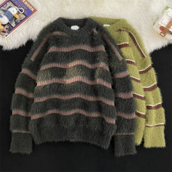 2024 Autumn Winter Men Fashion Warm Sweater Loose Tops Male Long Sleeve Striped Jumpers Mens Round Neck Knit Oversized Top S275