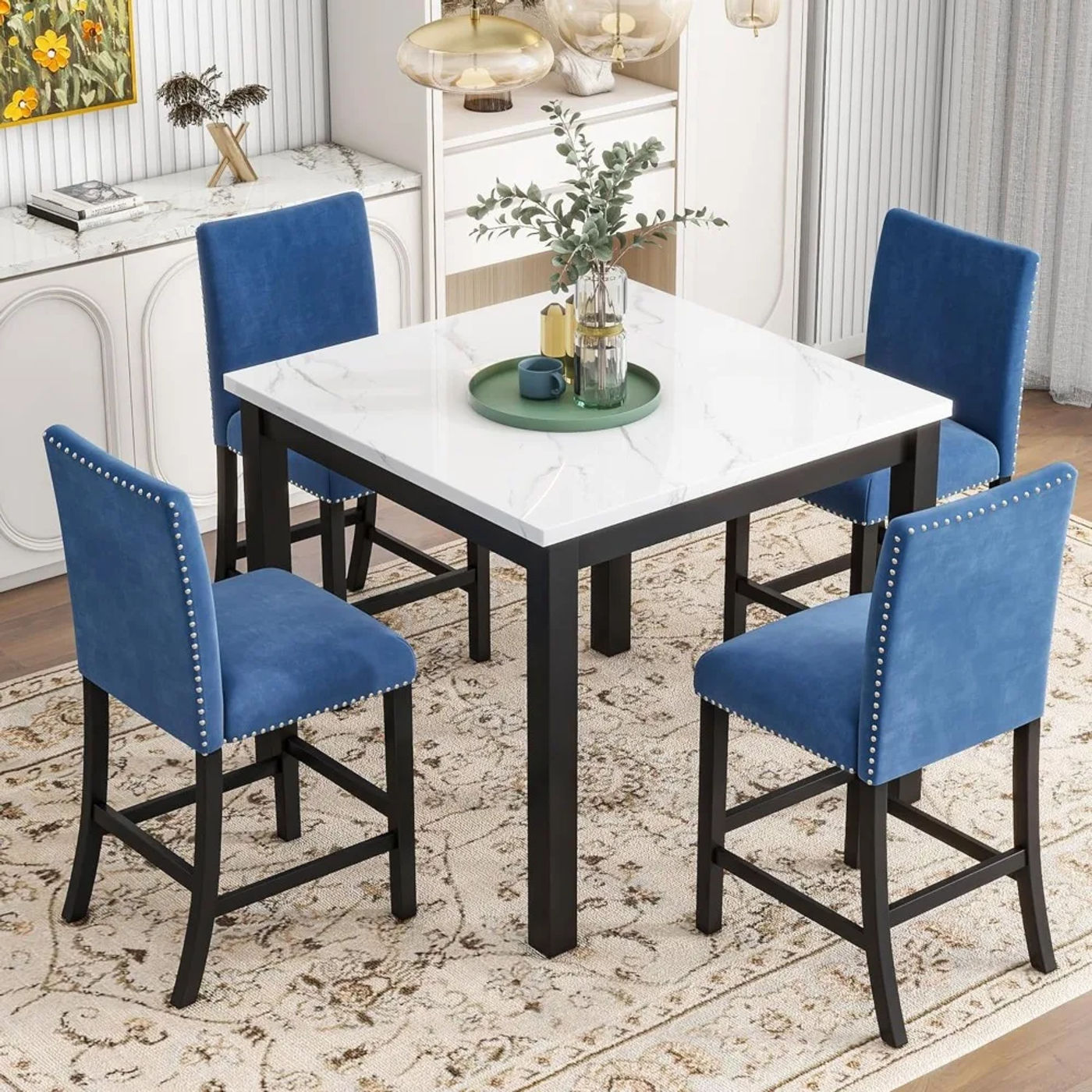 Description Picture 3 of itemDining Table Set with Faux Marble Dining Table and 4 Upholstered-Seat Chairs, 5 Piece Dining Room Table Set, Blue+Black