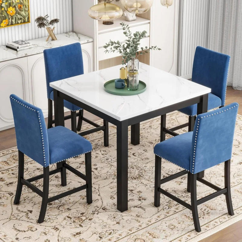 Description Picture 3 of itemDining Table Set with Faux Marble Dining Table and 4 Upholstered-Seat Chairs, 5 Piece Dining Room Table Set, Blue+Black