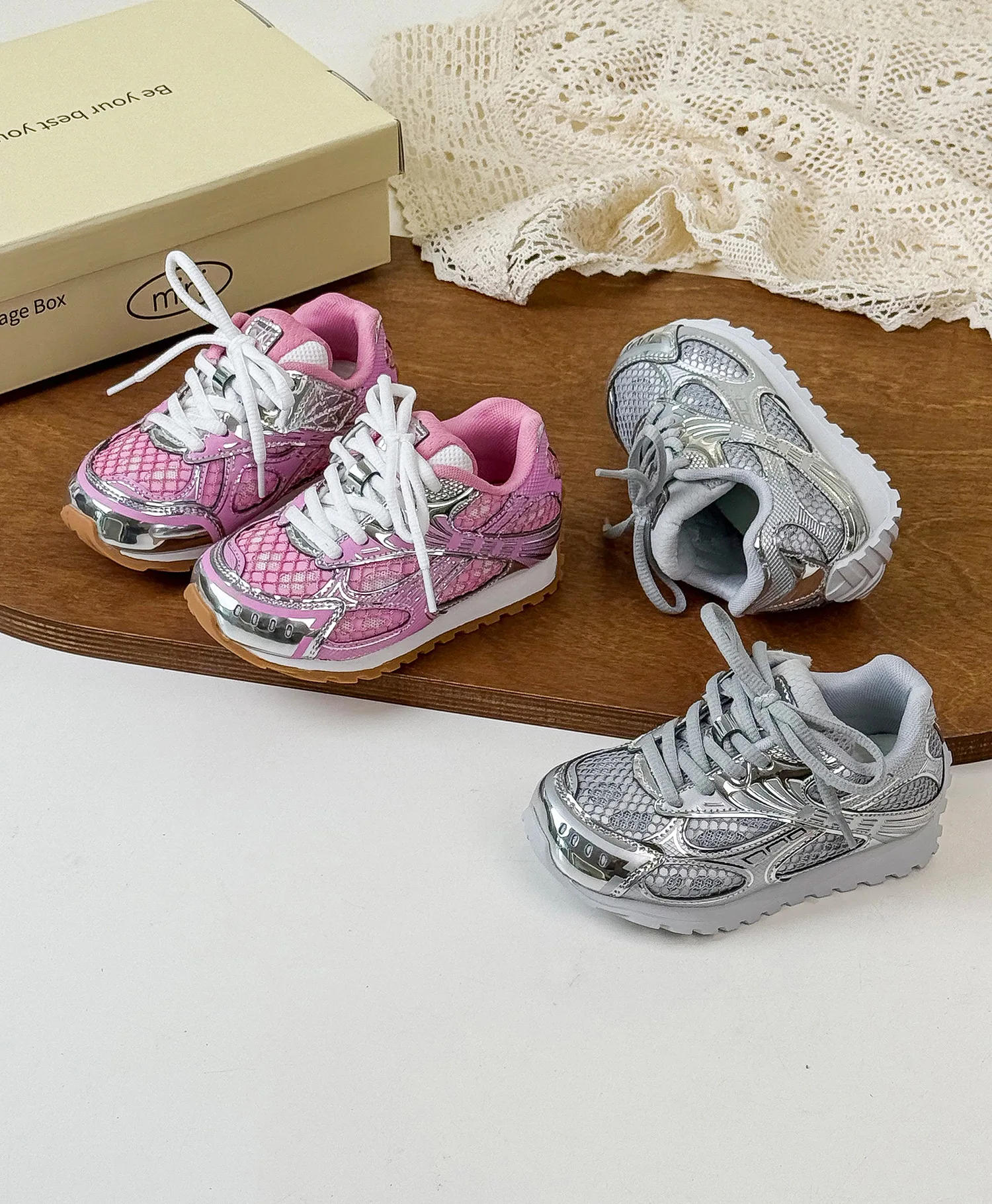 Description Picture 3 of item2025 Spring Toddler Kid Breathable Orbit Metallic Rubber Mesh Sneaker Children Casual Fashion Shoe Boy Girl Sports Walking Shoes