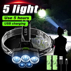 Powerful 5LED Headlamp Rechargeable 18650 Battery Headlamp Strong Light Headlight Camping Adventure Fishing Head-mounted Lantern