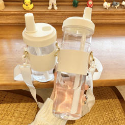 Cute Glass Water Bottle For Kids School Bubble Tea Straw Cups PU Sleeve Large Plastic Coffee Juice Girl Drinking Bottle BPA Free