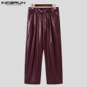 2024 Men Straight Pants Solid Color PU Leather Loose Streetwear High Waist Trousers Men Button Stylish Casual Pantalon INCERUN