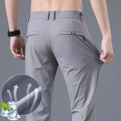 Quick-drying Ultra-thin Men's Casual Pants Summer Solid Color Highly Elastic Soft Ice Silk Slim Business Straight Trousers Black