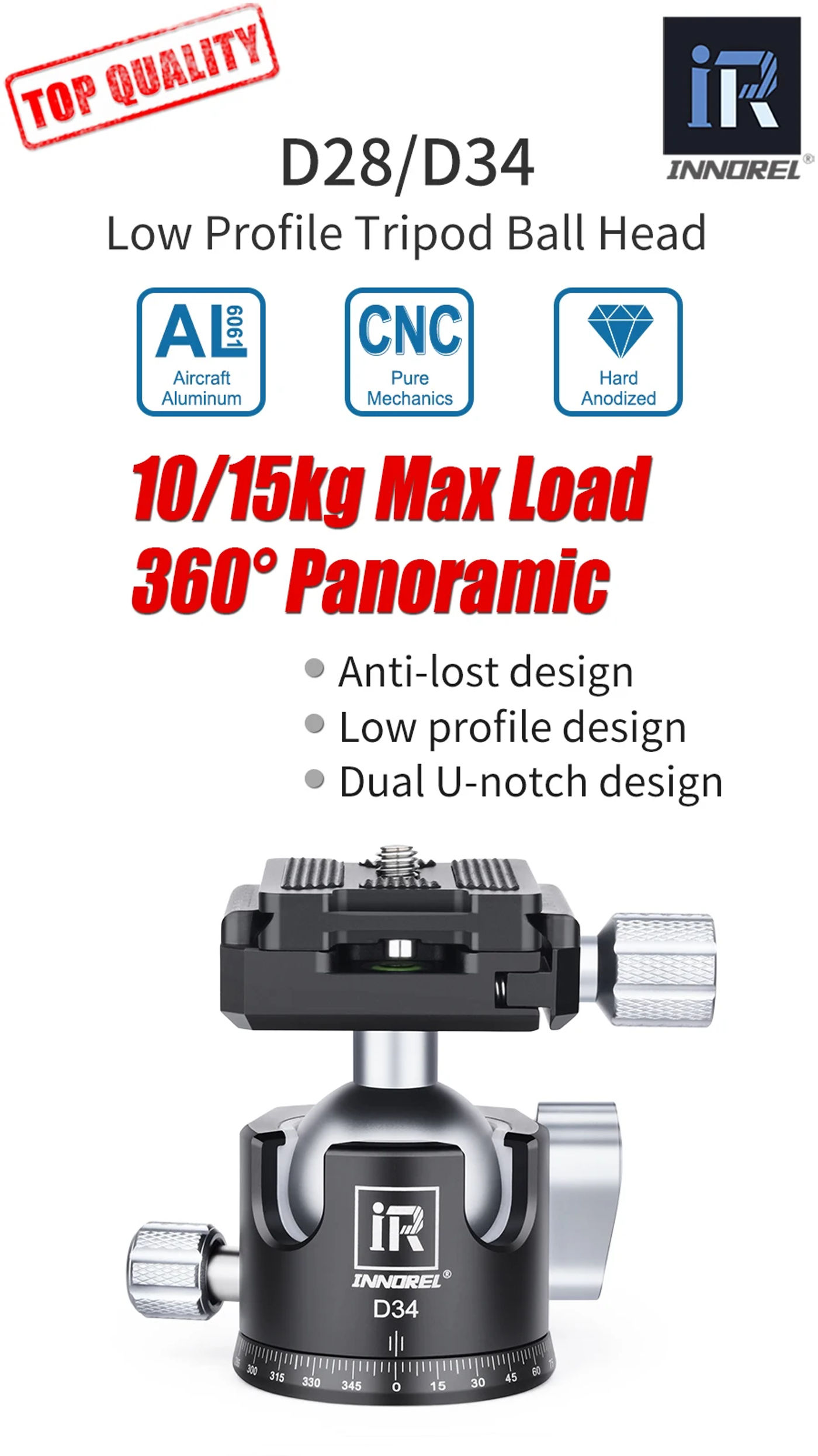 Description Picture 2 of item28/34mm Ball Head Dual U-notch Design Professional CNC 360°Panoramic Camera Tripod Head for Monopod,DSLR,Cameras,Camcorder,DV