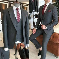 Groom Wear 3 Piece Gray Men Suits for Wedding Slim Fit Peak Lapel One Button Tailor Made Terno Masculino (Jacket+Pants+Vest）