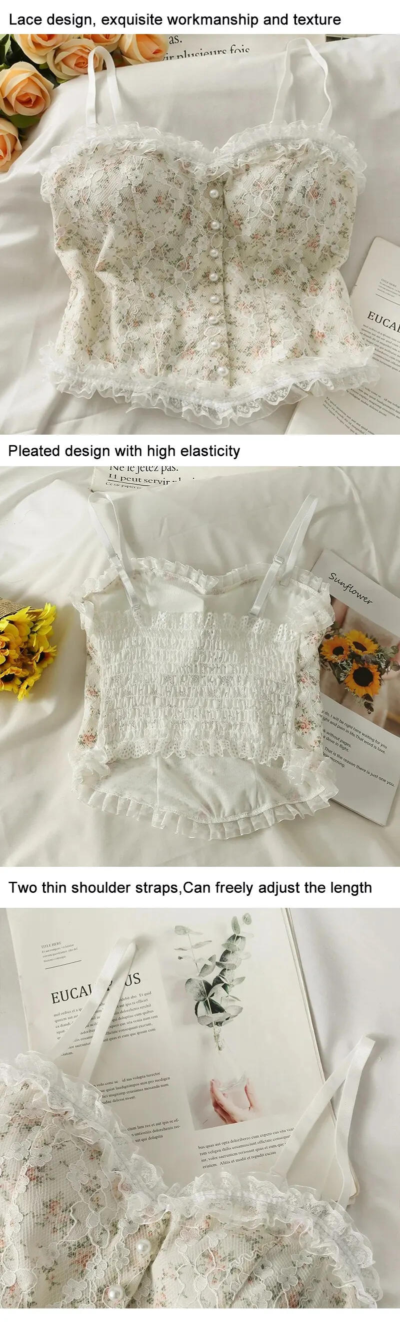 Description Picture 4 of itemWomen French Print Camisole Wire Free Lingerie Sexy Fahsion Camisole Underwear Sleeveless Lace Bralette Top Female Lace Tops