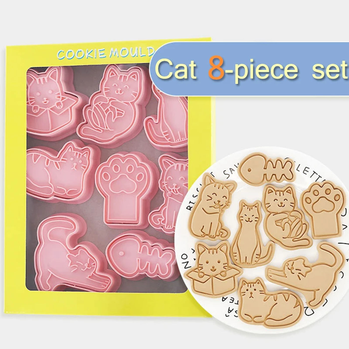 Description Picture 6 of item8Pcs Cat Cookie Mold Set Cartoon Cat Claw Fish Bone Shape Cookie Stamp Fondant Cake Decoration Tools 3D Hand Pressure Plastic