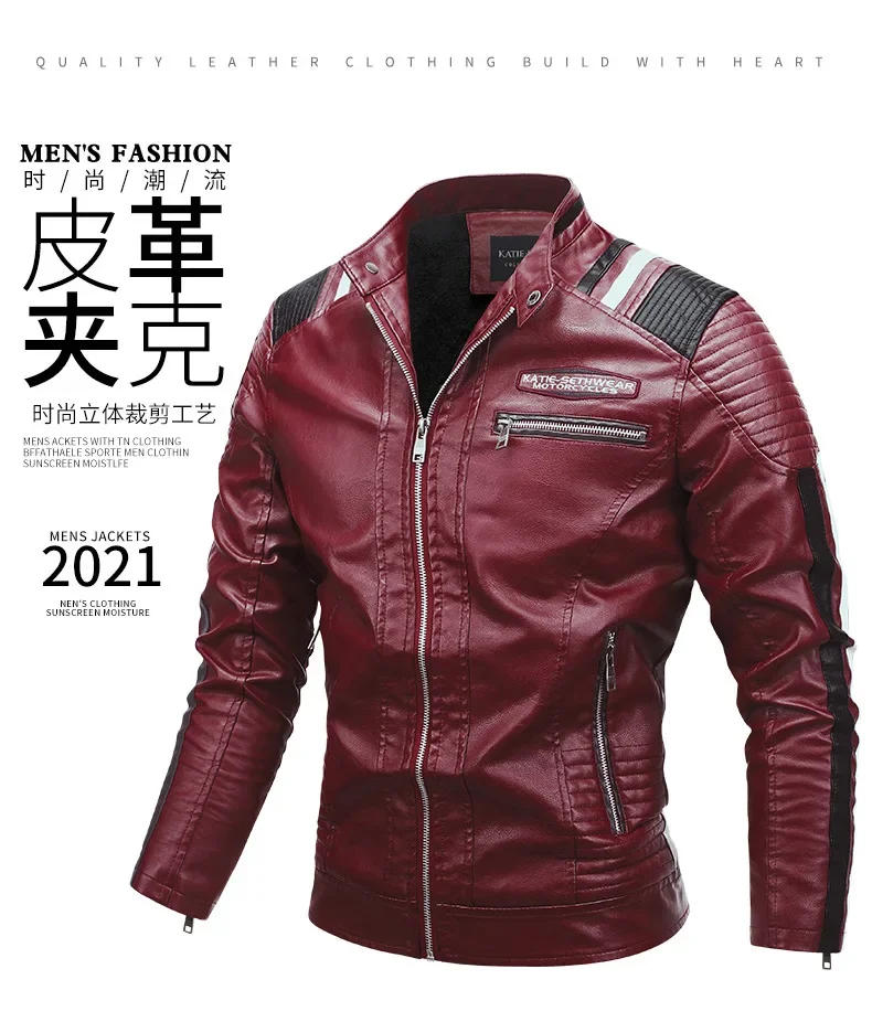 Description Picture 2 of itemMen's Motorcycle Jacket Stand Neck Thickened Warm Cuff Zipper Tight Fashion Leather Jacket High Quality Casual PU Leather Jacket