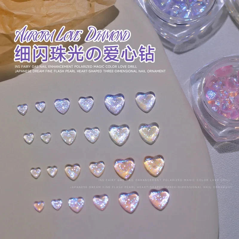 Description Picture 3 of item1Box Aurora Love Heart Nail Charms Valentine's Day Nail Art Decorations 3D Mixed Size Heart Rhinestones Gems Jewel For Manicure