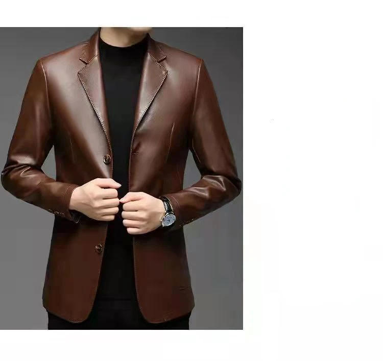 Description Picture 4 of item2023 New Spring and Autumn New Men's Leather Jacket Thin Plush Lapel High-End Business Casual Slim Suit Jacket  Anti-wind A27