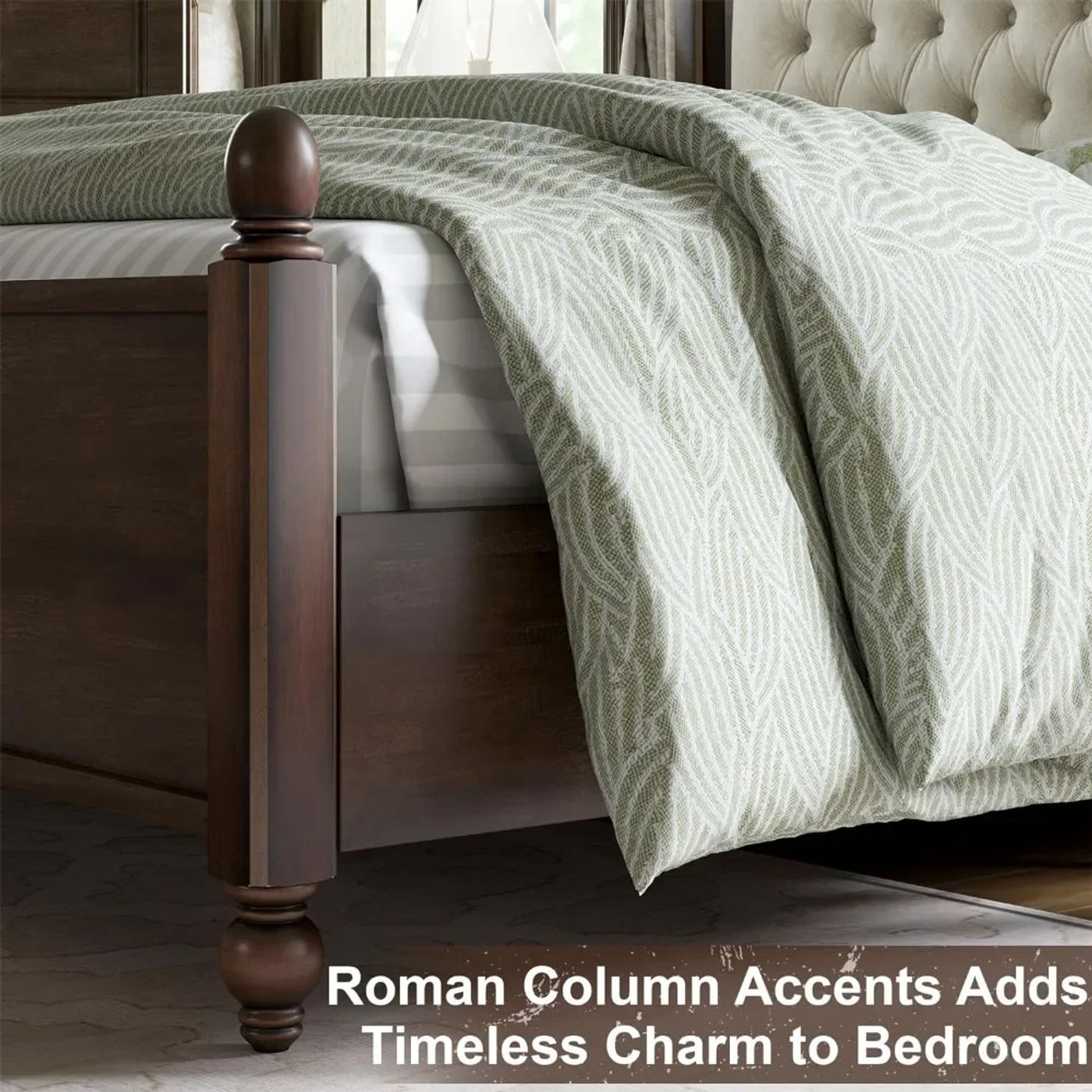 Description Picture 4 of itemKing Size Solid Wood Bed Frame,Transitional Platform Bed with 52.5" Upholstered Tufted Headboard,Rubberwood/Roman Column Accents
