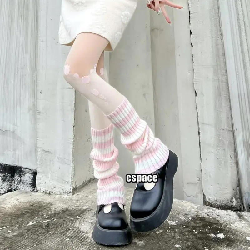Description Picture 6 of itemY2k Goth Lolita Girls Cute Striped Knit Leg Warmers JK Uniform Gothic Women Leggings Gaiters Knee Knitted Cuffs Ankle Warmer