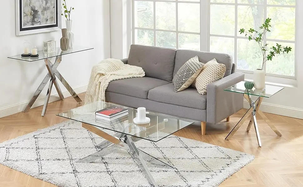 Description Picture 4 of itemStyle Console Table Narrow Sofa Table with Tempered Glass Top and Metal Tubular Legs, 45" Lx18 Wx30 H, Silver