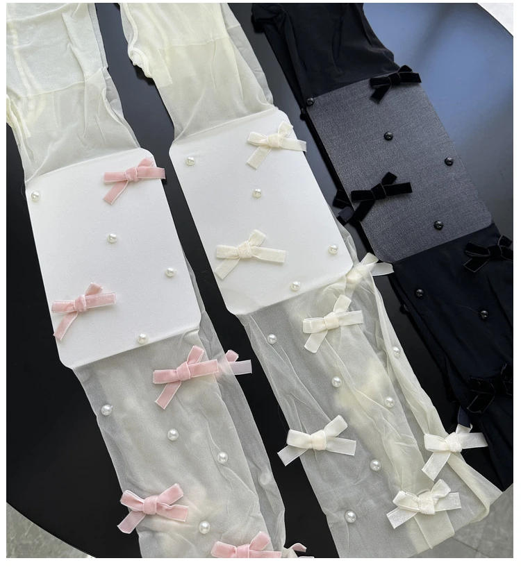 Description Picture 2 of itemSexy Bow Lace Tights Fashion Bowknot Pearl Hollow Mesh Fishnet Thigh High Stockings Women JK Lolita Sweet Girls Tight Pantyhose