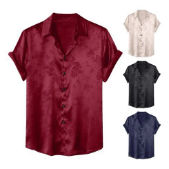 Men Retro Shirt Stylish Men's Satin Applique Button Shirt Casual Daily Wear with Turn-down Collar Short Sleeves Loose Fit Lapel