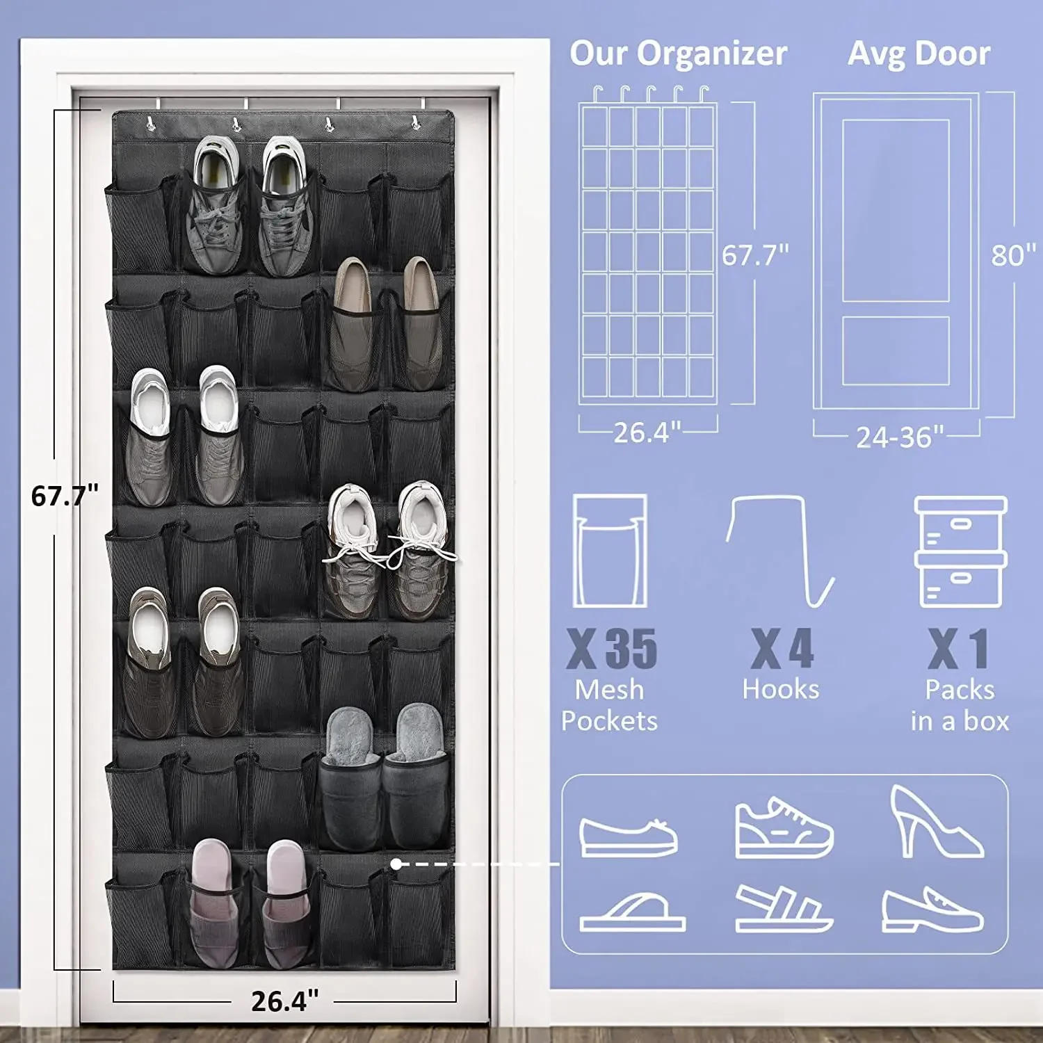 Description Picture 3 of itemHanging shoes rack 35 Pockets Over the Door Shoe Organizer Large Mesh Pockets With 4 Hooks Transparent Fabric home Storage Bag