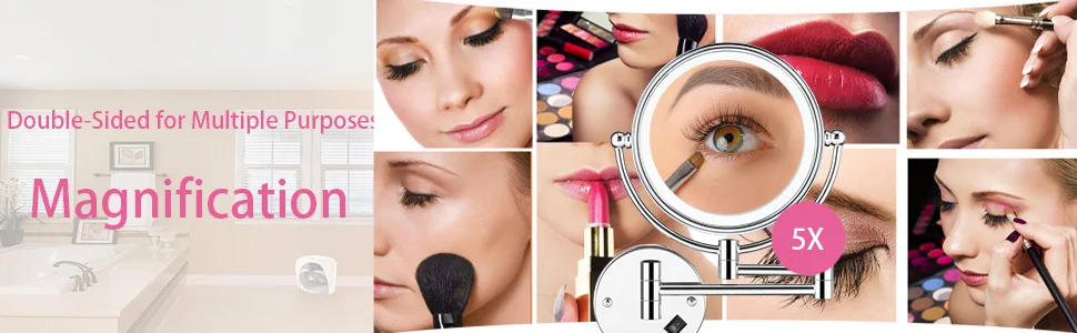 Description Picture 6 of item8 Inches Round Brushed Gold 5x Magnifying Bathroom Makeup  Mirrors with Led Light Dual Arm Extending  Shower Mirror for Bathroom