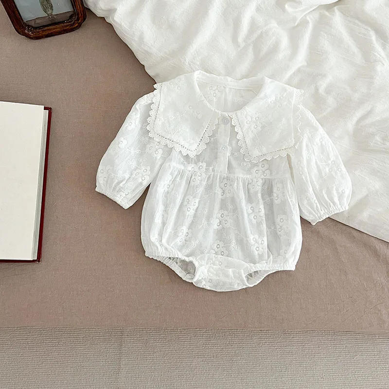 Description Picture 5 of itemSpring Autumn Baby Clothes Toddler Peter Pan Collar One Piece Korean Infant Girls Floral Embroidered Solid Color Bodysuit