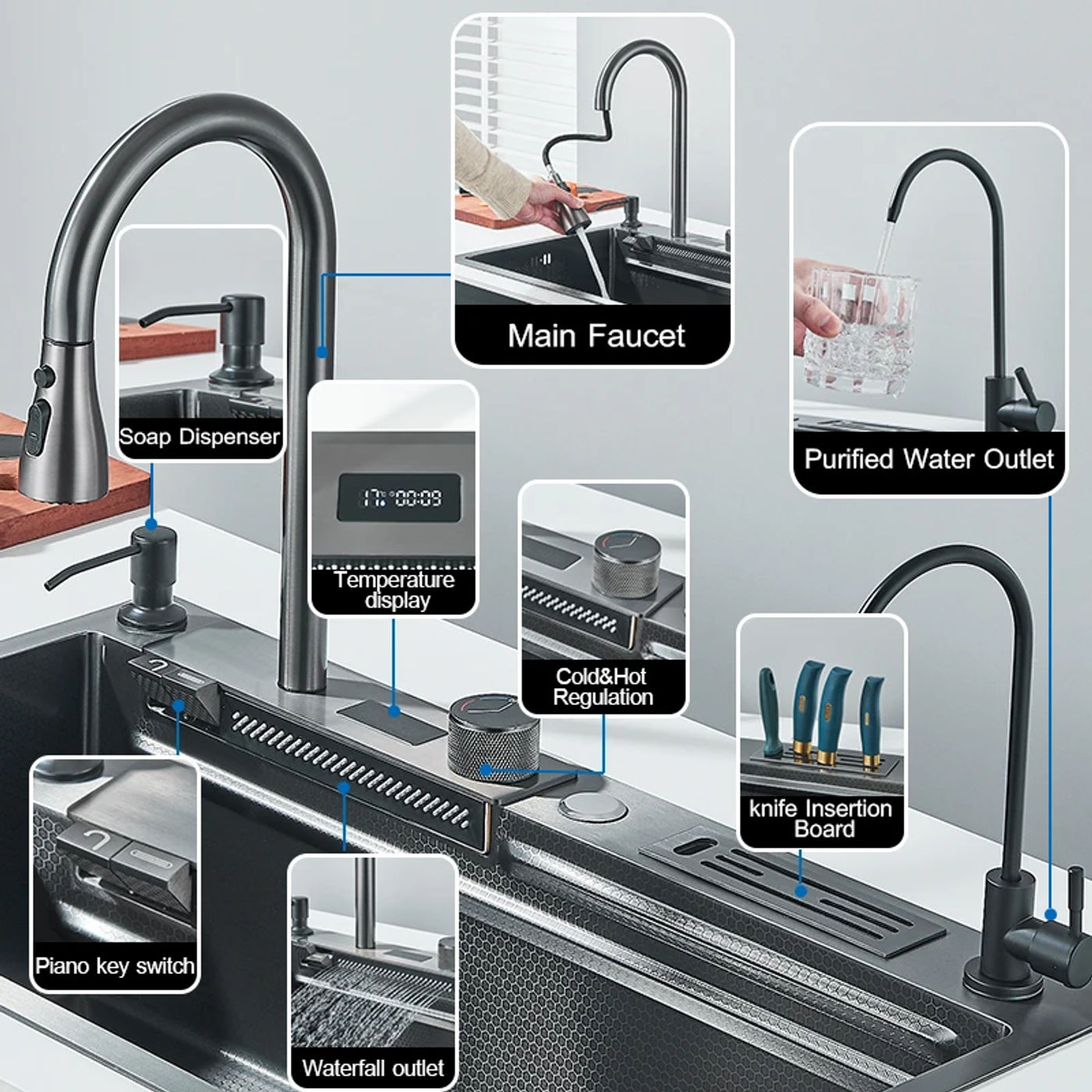 Description Picture 4 of item304 Stainless Steel Waterfall Kitchen Sink Large Single Slot Integrated Digital Display Faucet Set Soap Dispenser knife Board
