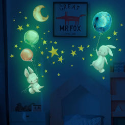 Cartoon Luminous Bunny Balloon PVC Sticker Removable Rabbit Star Wall Glow Stickers for Bedroom Living Room Home Decoration