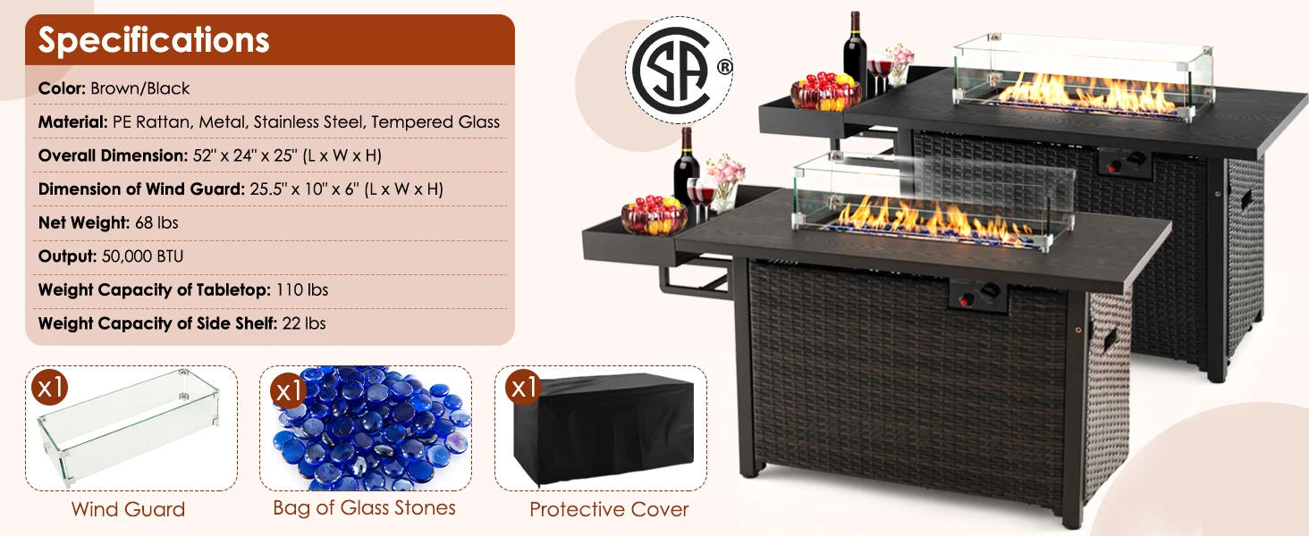 Description Picture 6 of itemGiantex 52" Outdoor Propane Fire Pit - 50,000 BTU Wicker Patio Gas Fire Table w/Lid, Waterproof Cover, Tempered Glass Wind