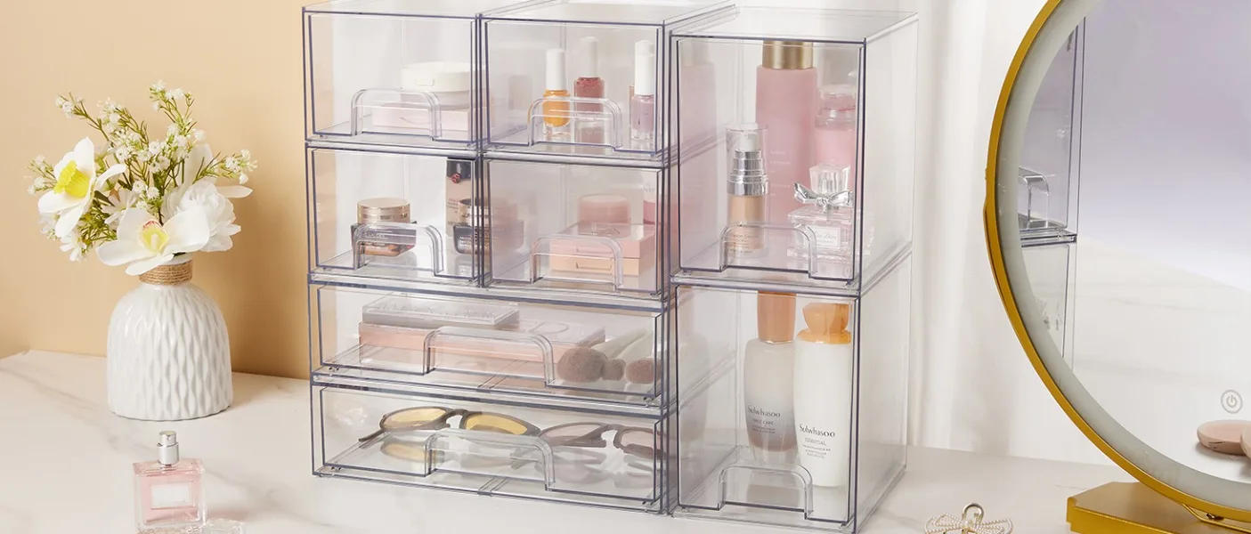 Description Picture 2 of itemVtopmart 4 Pack Large Stackable Storage Drawers,Clear Acrylic Drawer Organizers with Handles, Easily Assemble for Bathroom