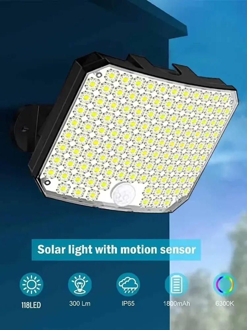 Description Picture 2 of item118LED Outdoor Solar Light 3 Mode Street lamp with Motion Sensor Remote Control IP65 Waterproof Patio Garage Backyard Wall Light