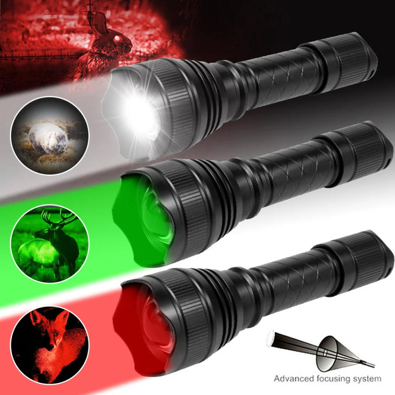 Description Picture 2 of item500 Yards Zoomable Flashlight Red/Green/White Hunting Torch 1 Mode High+Remote Pressure Switch+Rifle Scope Mount+18650+Charger