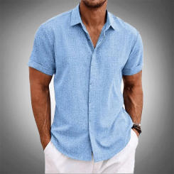 New 2024 turndown collar short-sleeved linen summer shirt men casual fashion shirts for men solid comfortable shirt mens US SIZE