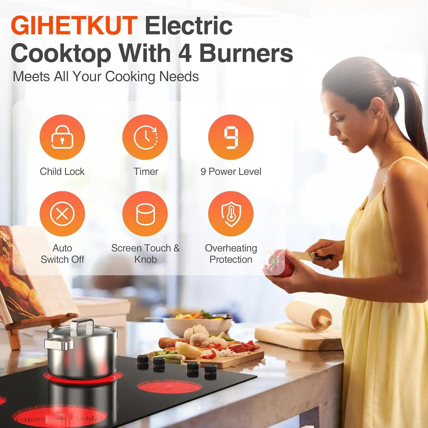 Description Picture 3 of item4 Burner Electric Cooktop,7200W Built-in & Countertop 4 Burner Electric Stove Top with 9 Power Levels, Child Safety Lock