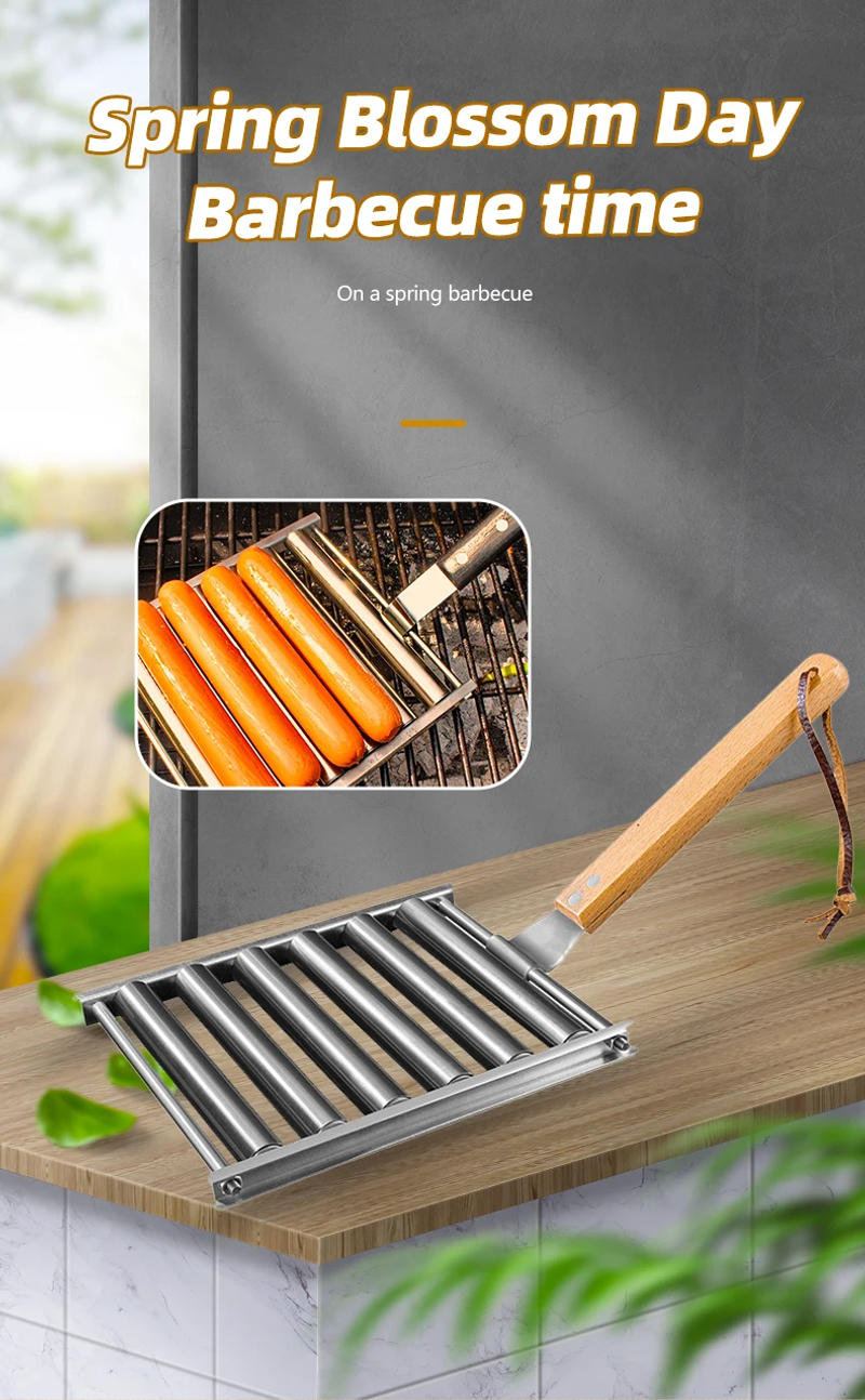 Description Picture 2 of itemHot Dog Roller Rack, Stainless Steel Outdoors BBQ Sausage Grill Pan With Long Wood Handle,New Barbecue Tools