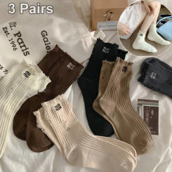 3 Pairs Winter Socks Women Cotton Trendy Holes Embroidery Letter Beggar Personality Tide Mid Tube Solid Color Punk Hip Hop Socks