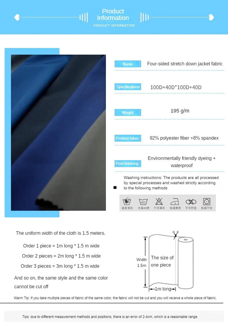Description Picture 6 of item4 Sides Stretch Waterproof Fabric on The Down Jacket By Meters for Clothing Pants Sewing Plain Breathable Cloth Thin Smooth Blue